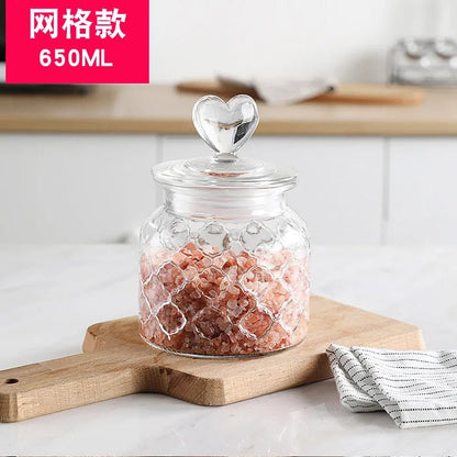 Amber Heart Glass Bottle Sealed Jar with Lid Kitchen Food Storage Container Nut Coffee Bean Candy Jar Clear Glass Box Home Decor - Blu Lotus Boutique