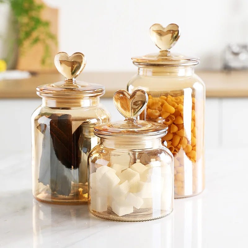 Amber Heart Glass Bottle Sealed Jar with Lid Kitchen Food Storage Container Nut Coffee Bean Candy Jar Clear Glass Box Home Decor - Blu Lotus Boutique
