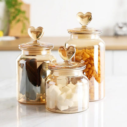 Amber Heart Glass Bottle Sealed Jar with Lid Kitchen Food Storage Container Nut Coffee Bean Candy Jar Clear Glass Box Home Decor - Blu Lotus Boutique