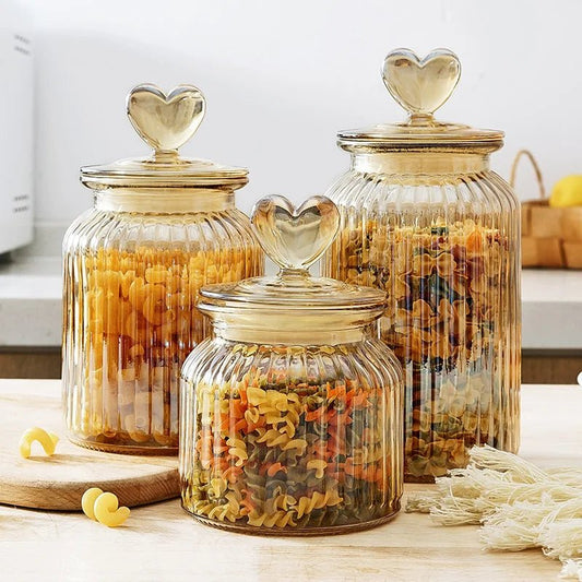 Amber Heart Glass Bottle Sealed Jar with Lid Kitchen Food Storage Container Nut Coffee Bean Candy Jar Clear Glass Box Home Decor - Blu Lotus Boutique