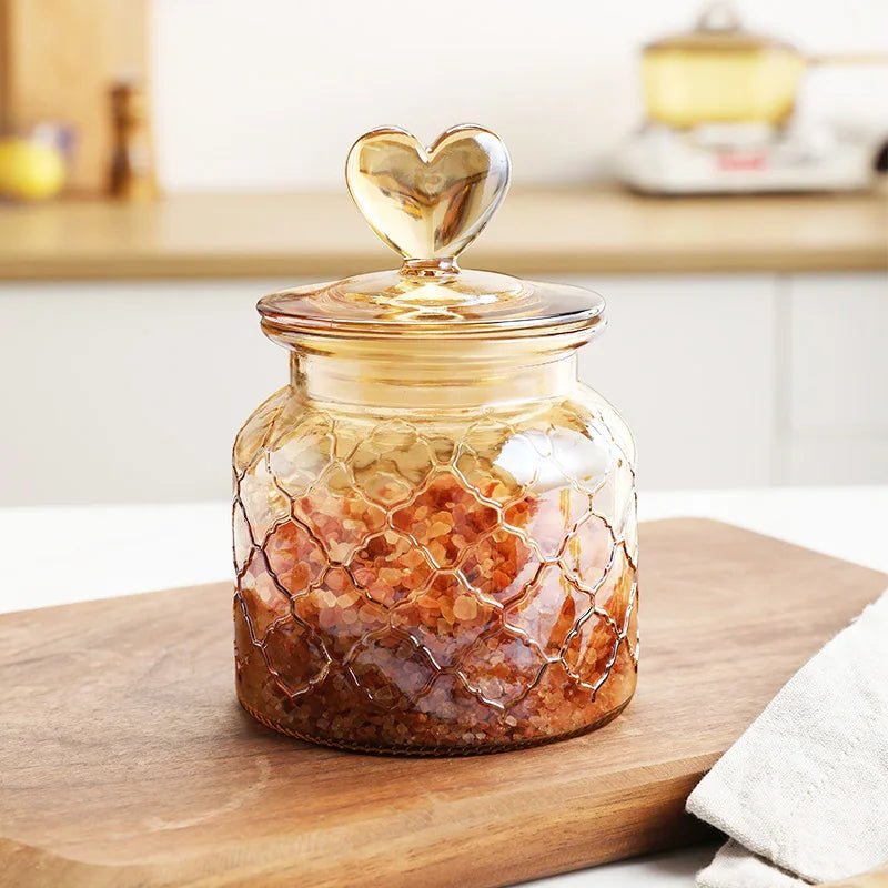 Amber Heart Glass Bottle Sealed Jar with Lid Kitchen Food Storage Container Nut Coffee Bean Candy Jar Clear Glass Box Home Decor - Blu Lotus Boutique