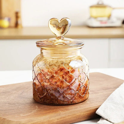 Amber Heart Glass Bottle Sealed Jar with Lid Kitchen Food Storage Container Nut Coffee Bean Candy Jar Clear Glass Box Home Decor - Blu Lotus Boutique