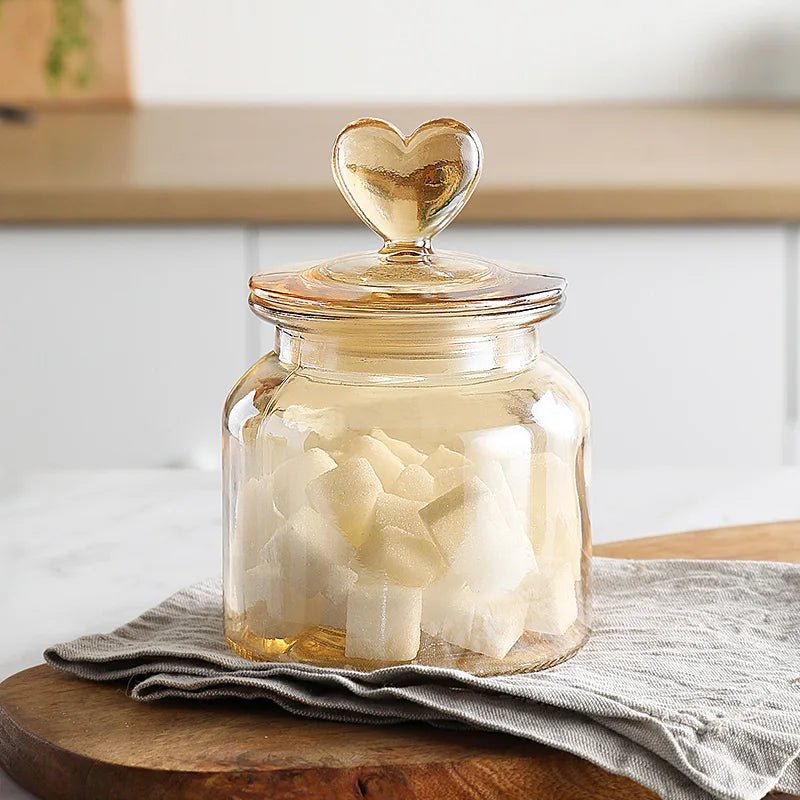 Amber Heart Glass Bottle Sealed Jar with Lid Kitchen Food Storage Container Nut Coffee Bean Candy Jar Clear Glass Box Home Decor - Blu Lotus Boutique