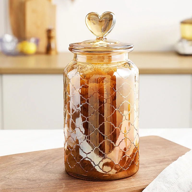 Amber Heart Glass Bottle Sealed Jar with Lid Kitchen Food Storage Container Nut Coffee Bean Candy Jar Clear Glass Box Home Decor - Blu Lotus Boutique