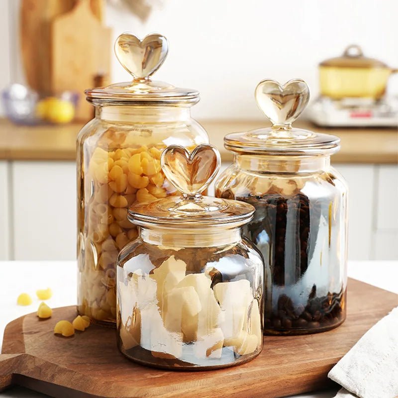 Amber Heart Glass Bottle Sealed Jar with Lid Kitchen Food Storage Container Nut Coffee Bean Candy Jar Clear Glass Box Home Decor - Blu Lotus Boutique