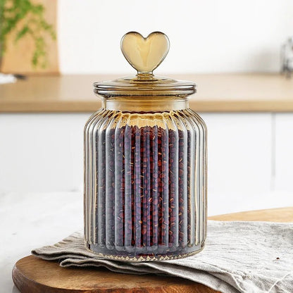 Amber Heart Glass Bottle Sealed Jar with Lid Kitchen Food Storage Container Nut Coffee Bean Candy Jar Clear Glass Box Home Decor - Blu Lotus Boutique