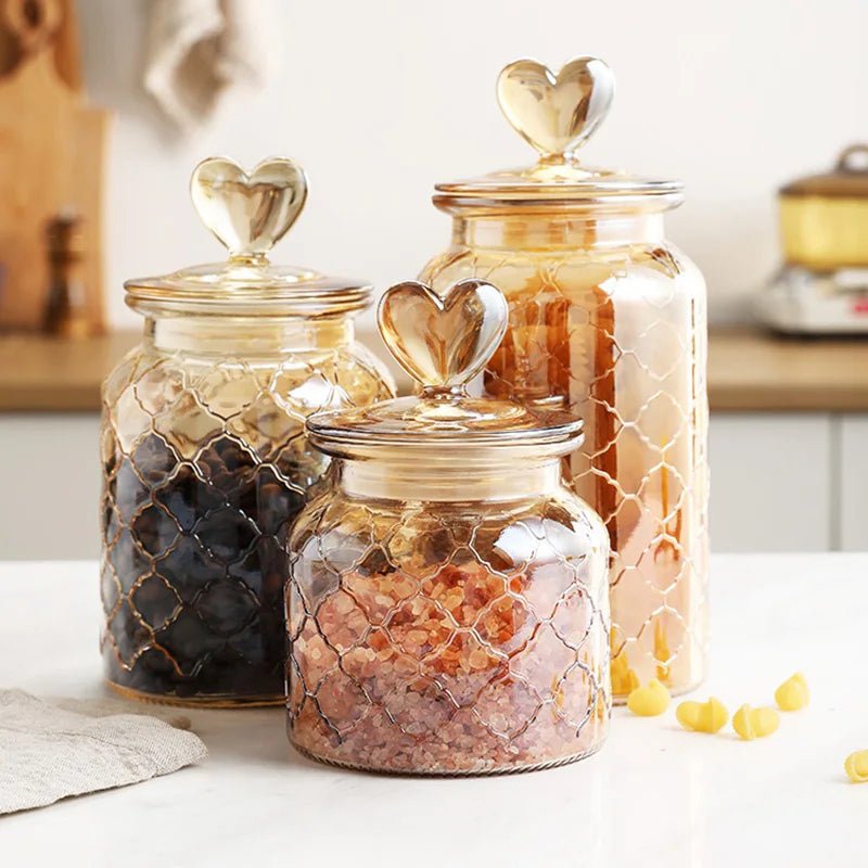 Amber Heart Glass Bottle Sealed Jar with Lid Kitchen Food Storage Container Nut Coffee Bean Candy Jar Clear Glass Box Home Decor - Blu Lotus Boutique