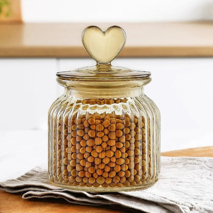 Amber Heart Glass Bottle Sealed Jar with Lid Kitchen Food Storage Container Nut Coffee Bean Candy Jar Clear Glass Box Home Decor - Blu Lotus Boutique