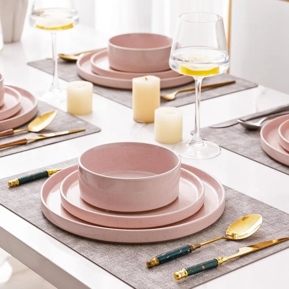 AmorArc Ceramic Dinnerware Set for 4 | Speckled Stoneware Plates and Bowls with unglazed terracotta | Scratch Resistant, Dishwas - Blu Lotus Boutique