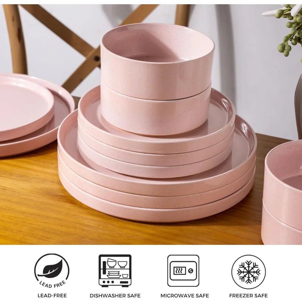 AmorArc Ceramic Dinnerware Set for 4 | Speckled Stoneware Plates and Bowls with unglazed terracotta | Scratch Resistant, Dishwas - Blu Lotus Boutique