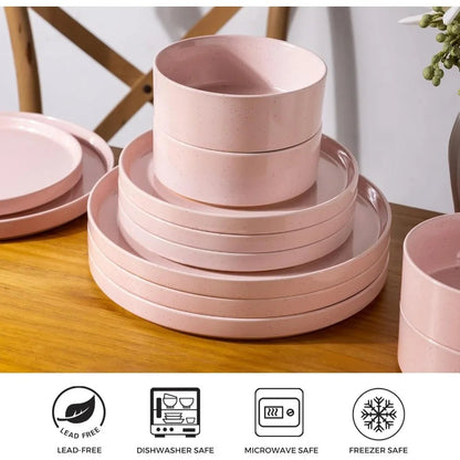 AmorArc Ceramic Dinnerware Set for 4 | Speckled Stoneware Plates and Bowls with unglazed terracotta | Scratch Resistant, Dishwas - Blu Lotus Boutique