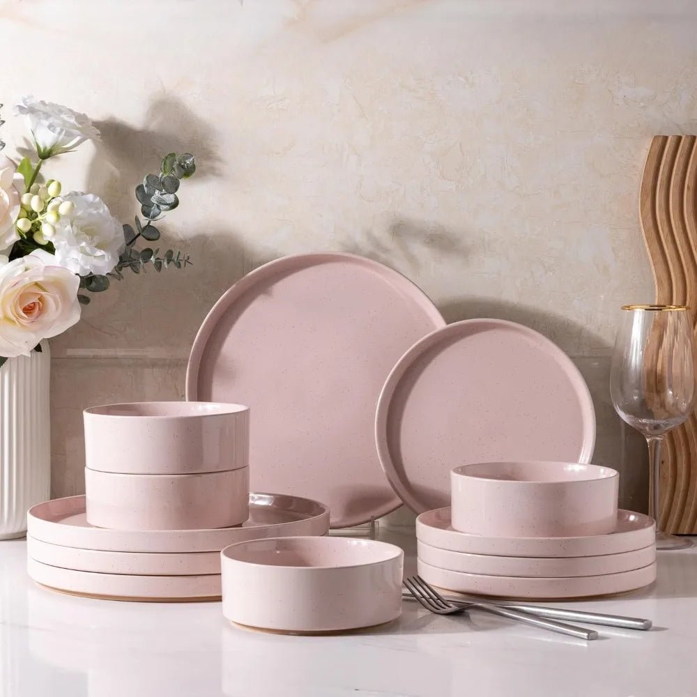 AmorArc Ceramic Dinnerware Set for 4 | Speckled Stoneware Plates and Bowls with unglazed terracotta | Scratch Resistant, Dishwas - Blu Lotus Boutique