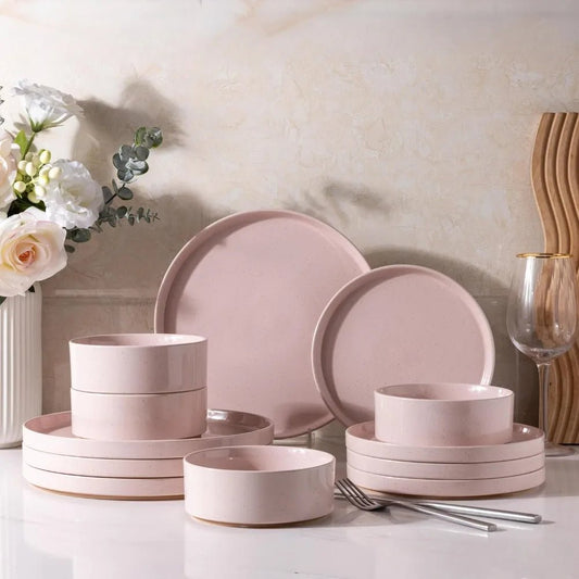 AmorArc Ceramic Dinnerware Set for 4 | Speckled Stoneware Plates and Bowls with unglazed terracotta | Scratch Resistant, Dishwas - Blu Lotus Boutique