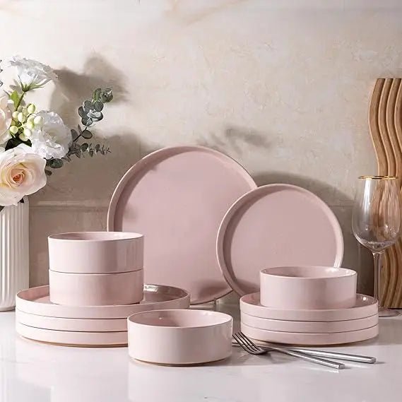 AmorArc Ceramic Dinnerware Set for 4 | Speckled Stoneware Plates and Bowls with unglazed terracotta | Scratch Resistant, Dishwas - Blu Lotus Boutique