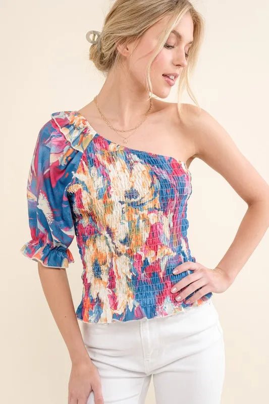 And The Why Allover Floral Print Smocked One Shoulder Blouse - Blu Lotus Boutique