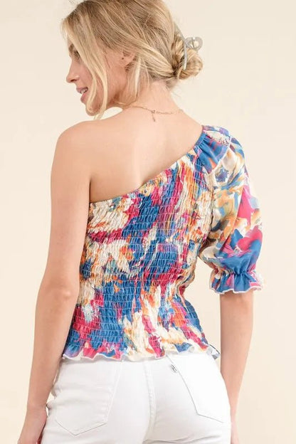And The Why Allover Floral Print Smocked One Shoulder Blouse - Blu Lotus Boutique