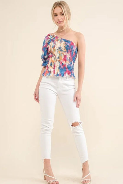 And The Why Allover Floral Print Smocked One Shoulder Blouse - Blu Lotus Boutique