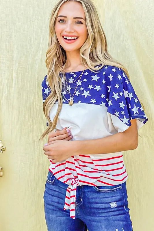 And The Why American Flag Print Tie Knot Front Casual Top - Blu Lotus Boutique