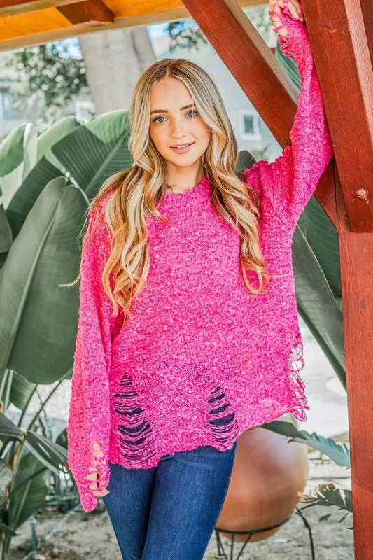 And The Why Distressed And Textured Pullover Sweater - Blu Lotus Boutique
