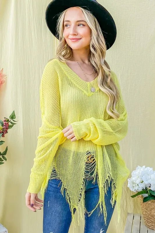 And The Why Distressed Mesh V Neck Spring Sweater Cover Up - Blu Lotus Boutique