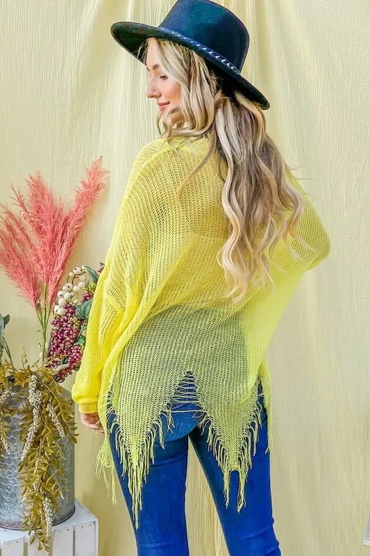And The Why Distressed Mesh V Neck Spring Sweater Cover Up - Blu Lotus Boutique