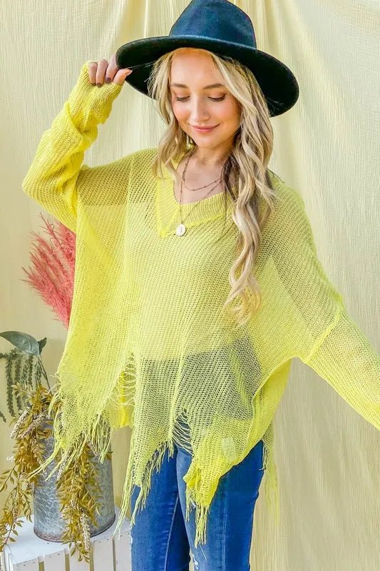 And The Why Distressed Mesh V Neck Spring Sweater Cover Up - Blu Lotus Boutique