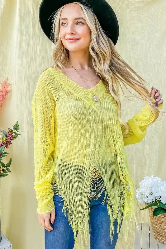 And The Why Distressed Mesh V Neck Spring Sweater Cover Up - Blu Lotus Boutique