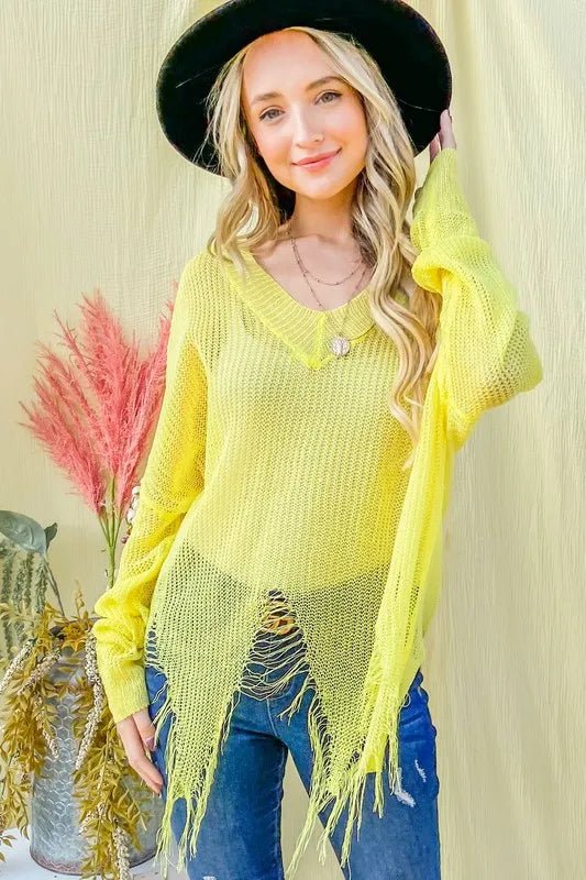 And The Why Distressed Mesh V Neck Spring Sweater Cover Up - Blu Lotus Boutique