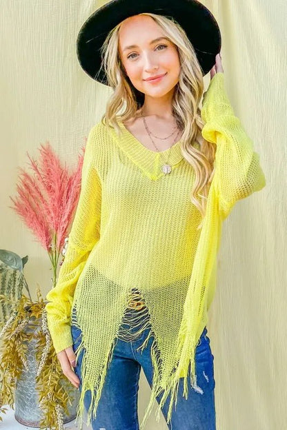 And The Why Distressed Mesh V Neck Spring Sweater Cover Up - Blu Lotus Boutique