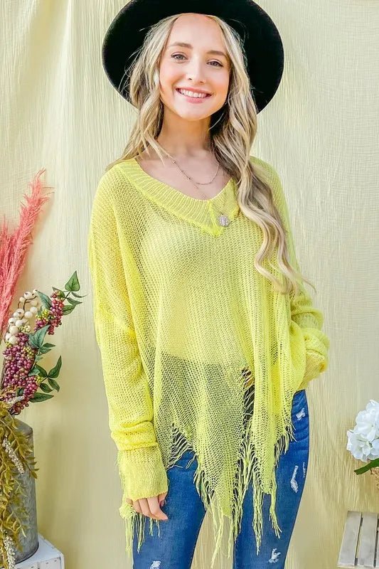 And The Why Distressed Mesh V Neck Spring Sweater Cover Up - Blu Lotus Boutique