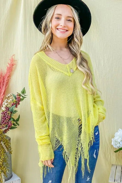 And The Why Distressed Mesh V Neck Spring Sweater Cover Up - Blu Lotus Boutique