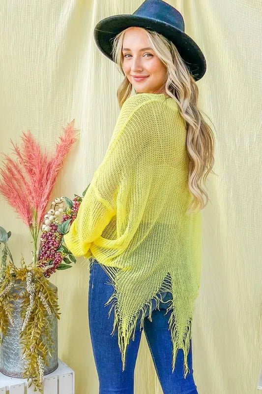 And The Why Distressed Mesh V Neck Spring Sweater Cover Up - Blu Lotus Boutique