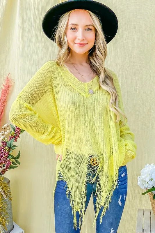 And The Why Distressed Mesh V Neck Spring Sweater Cover Up - Blu Lotus Boutique