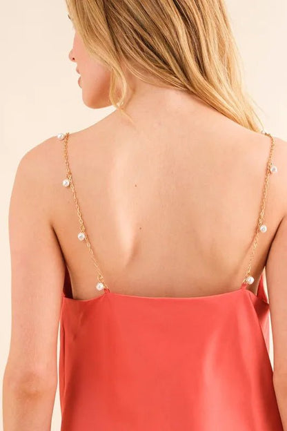 And The Why Faux Pearl Gold Chain Satin Casual Cami Top - Blu Lotus Boutique