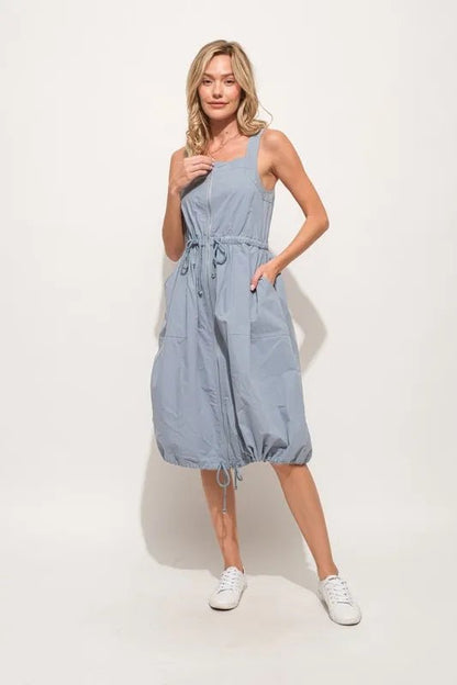And The Why Front Zipper Overall Dress with String Details - Blu Lotus Boutique