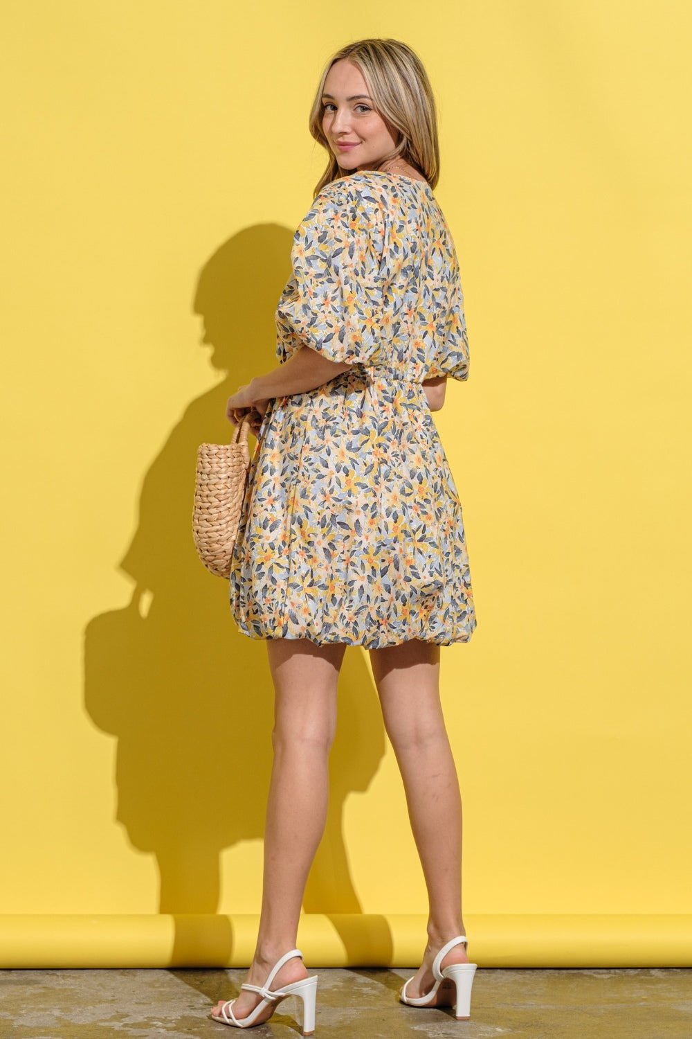 And The Why Full Size Floral Surplice Puff Sleeve Dress - Blu Lotus Boutique