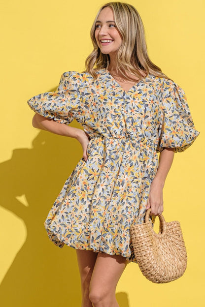 And The Why Full Size Floral Surplice Puff Sleeve Dress - Blu Lotus Boutique