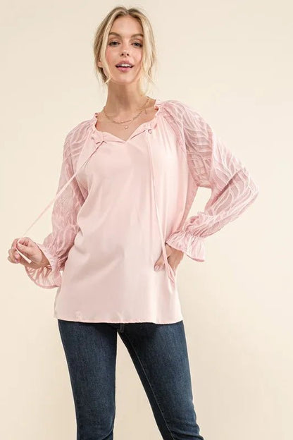And The Why Leaves Shape Textured Sleeve Blouse - Blu Lotus Boutique