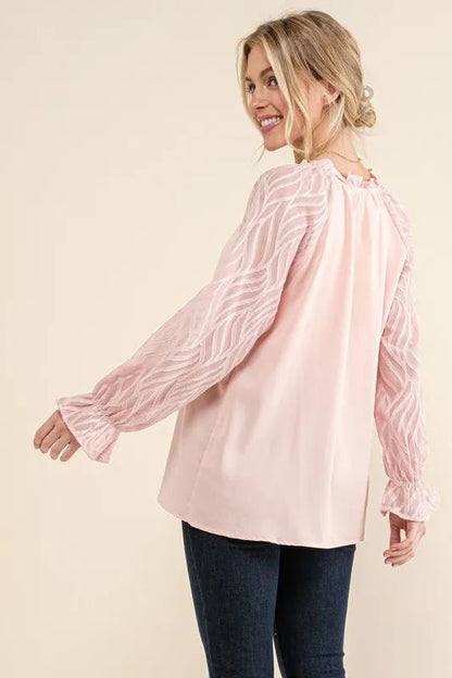 And The Why Leaves Shape Textured Sleeve Blouse - Blu Lotus Boutique