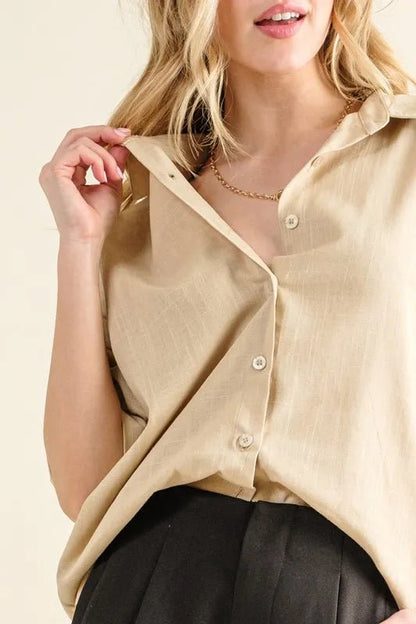 And The Why Oversized Linen Button Down Shirts Top - Blu Lotus Boutique
