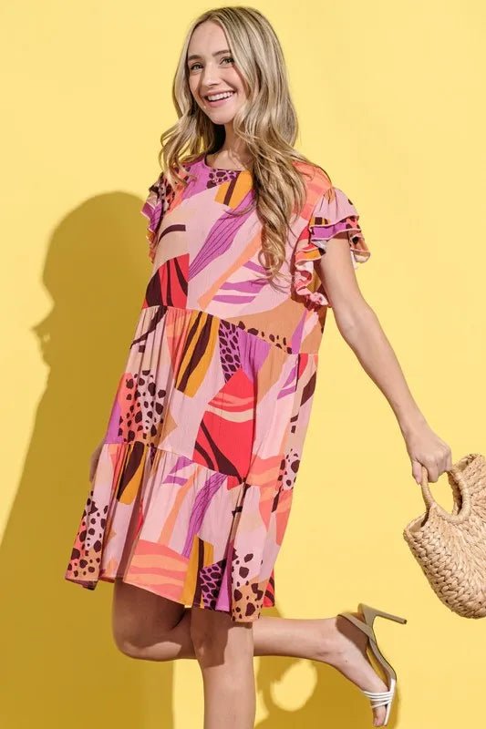 And The Why Printed Double Ruffles Sleeve Dress - Blu Lotus Boutique