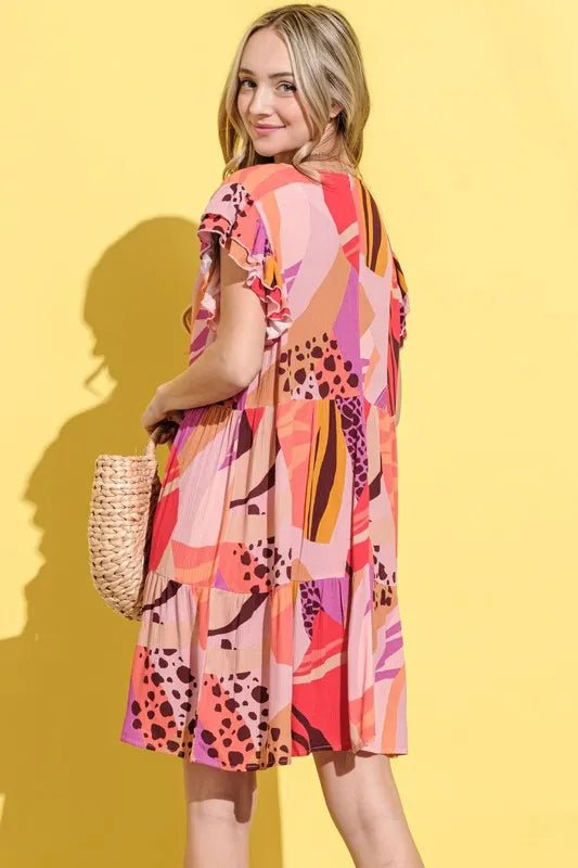 And The Why Printed Double Ruffles Sleeve Dress - Blu Lotus Boutique