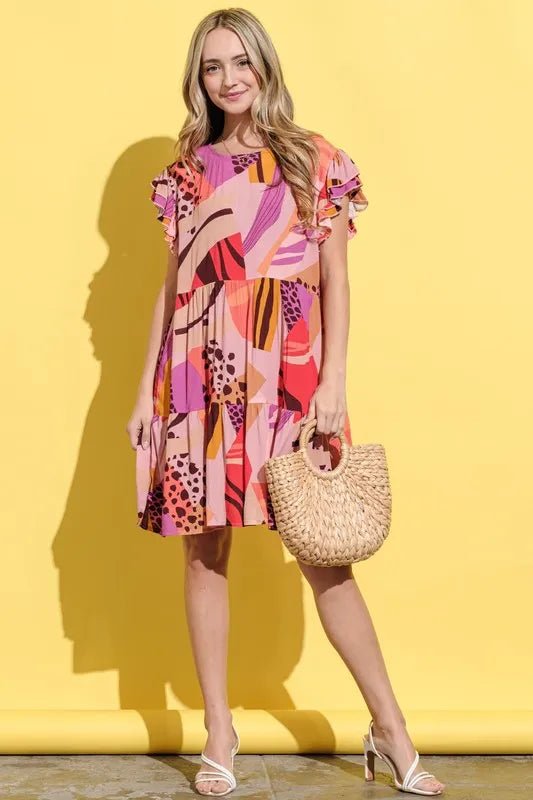 And The Why Printed Double Ruffles Sleeve Dress - Blu Lotus Boutique