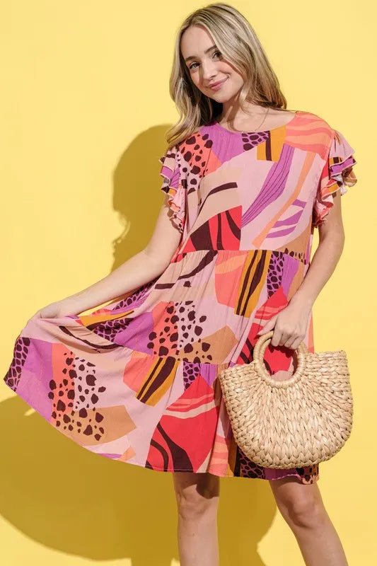 And The Why Printed Double Ruffles Sleeve Dress - Blu Lotus Boutique