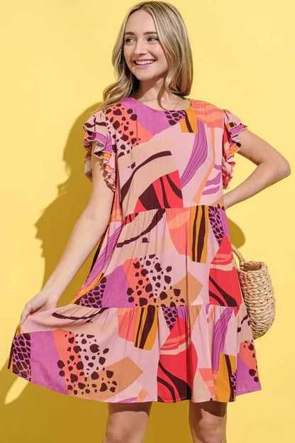 And The Why Printed Double Ruffles Sleeve Dress - Blu Lotus Boutique