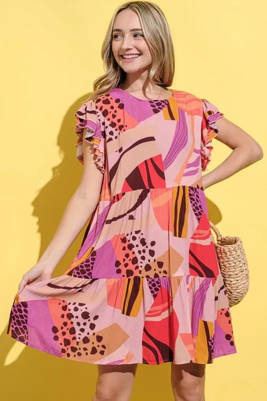 And The Why Printed Double Ruffles Sleeve Dress - Blu Lotus Boutique