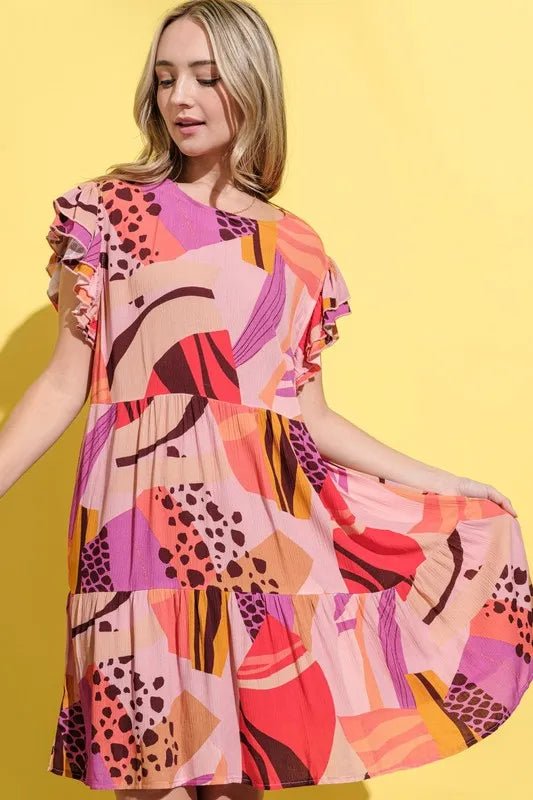 And The Why Printed Double Ruffles Sleeve Dress - Blu Lotus Boutique