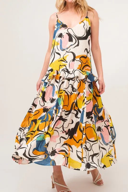 And The Why Ruffled Abstract Floral Printed Midi Cami Dress - Blu Lotus Boutique