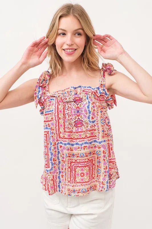 And The Why Ruffled Neck Tied Strap Boho Printed Swing Top - Blu Lotus Boutique