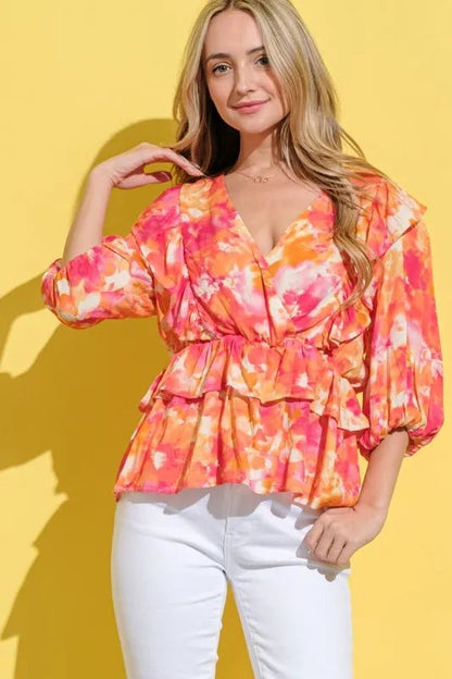 And The Why Ruffled Printed Puff Sleeve Blouse - Blu Lotus Boutique